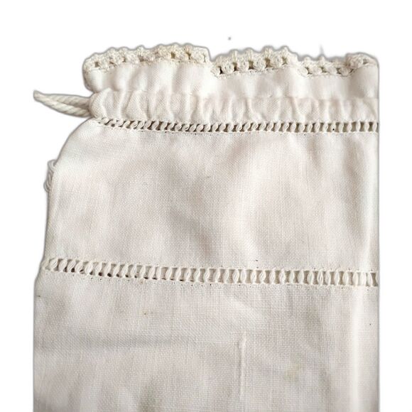 20s 30s Vintage Linen Drawstring Bag 8x8, Openwork & Crochet Edge - Picture 3 of 4